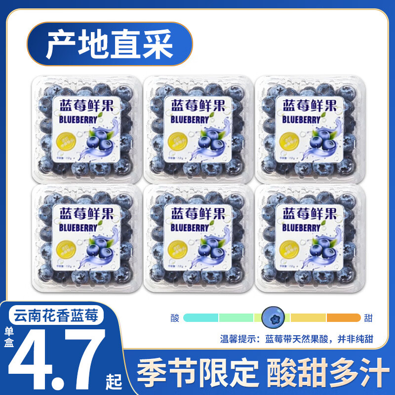 沐小七果蔬云南花香蓝莓【JD/顺丰/中通-多地次日达】高山新鲜水果礼盒礼品 【80%选择】精品果丨单果15mm+ 【超划算】125g*6盒装丨净600g
