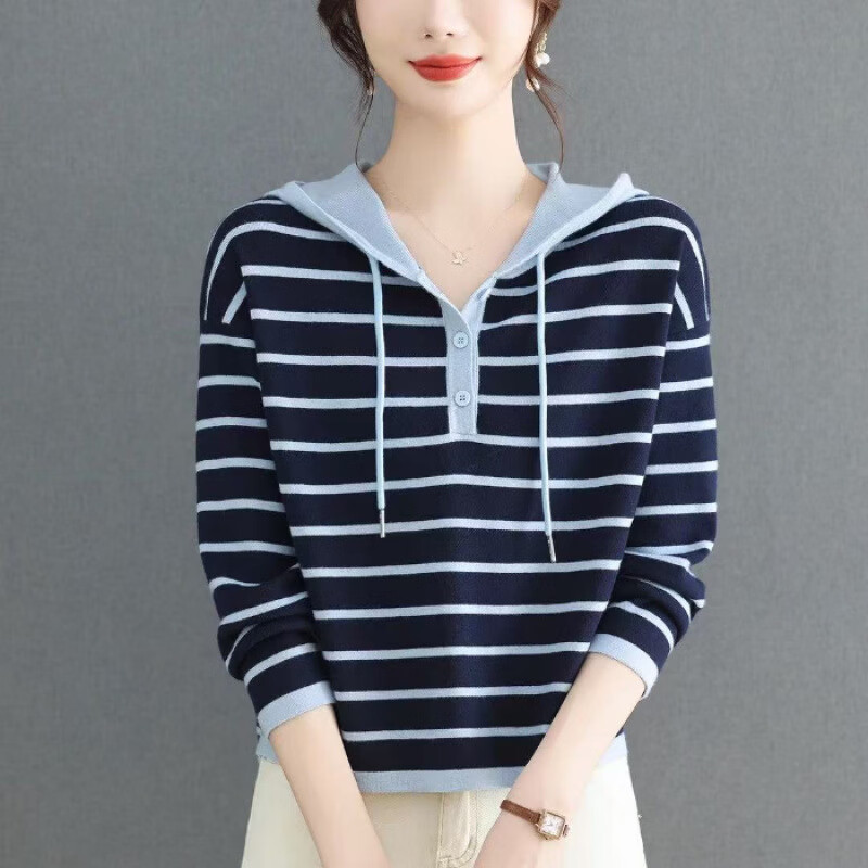 春秋装连帽条纹针织衫女2026新款洋气减龄女装短款打底衫上衣女YT 蓝色 XL 【120-130斤】