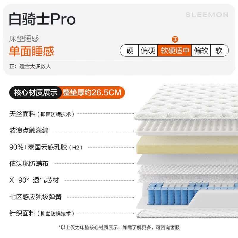 喜临门【白骑士0胶】官方家用主卧席梦思记忆棉四叶草弹簧床垫 白骑士Pro【适中睡感/26.5CM】七区支撑 透 1800mm*2000mm