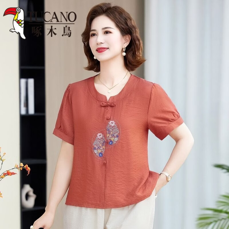 啄木鸟（TUCANO）绣花妈M妈夏装短袖T恤上衣洋气新款中年老年夏季时尚新中式宽松小 橘红色 5XL 建议145-155斤 京东折扣/优惠券