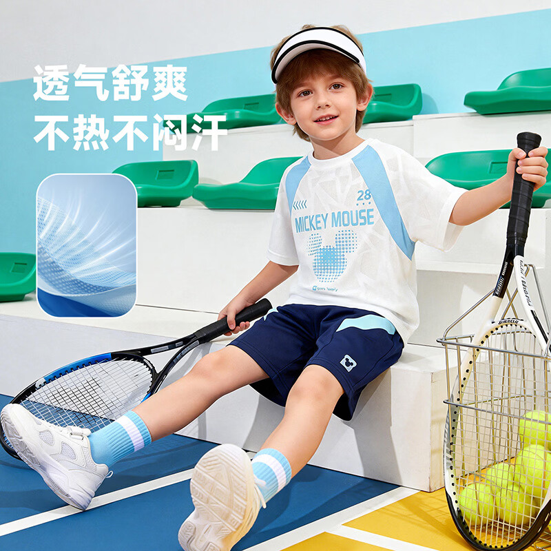 迪士尼男童短袖短裤休闲套装夏季新款舒适凉感透气运动儿童套装两件套 白色撞色套装 160 (建议12-14岁身高150-160cm)