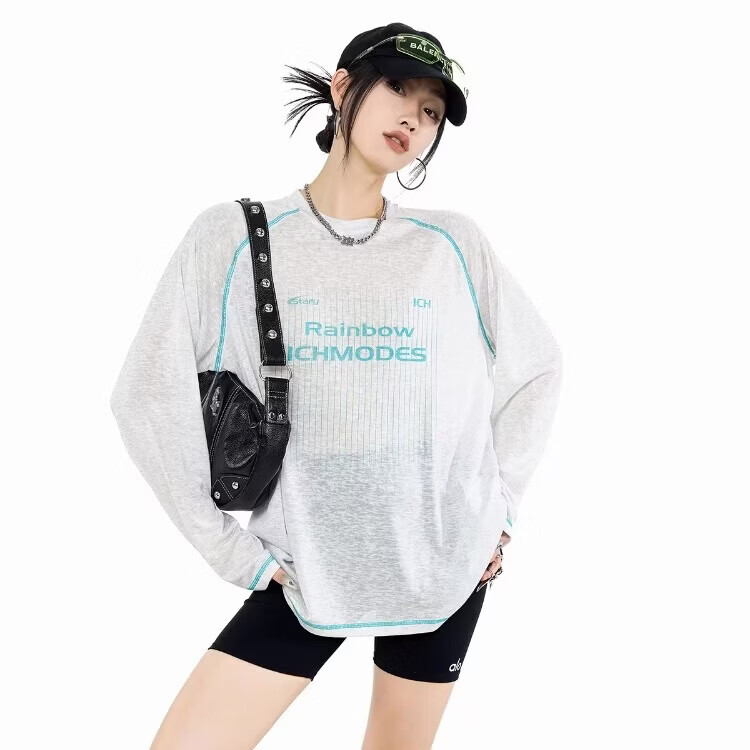 ICH MODE莱赛尔哈苏线物理防晒罩衫女夏季凉感宽松长袖T恤上衣 白花灰 S