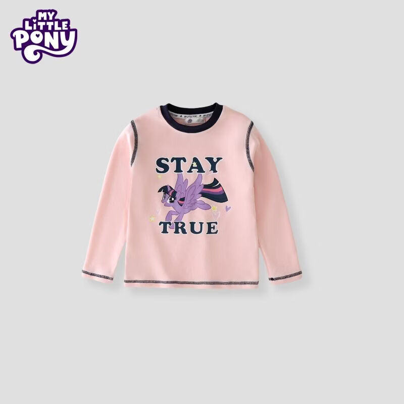 小马宝莉（MY LITTLE PONY）春夏装女童洋气2026新款儿童卡通圆领撞色长袖T恤打底衫 粉色 拼缝插色 140 建议125-135cm