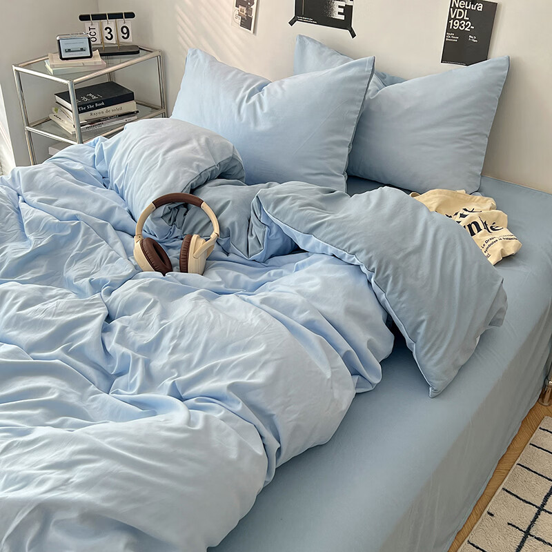雅鹿ins简约水洗棉被套床单被罩学生宿舍三件套150x200双人纯色四件套 远天蓝【10A抗菌 可裸睡】 1.2床单三件套 床单款 （被套150*200cm）