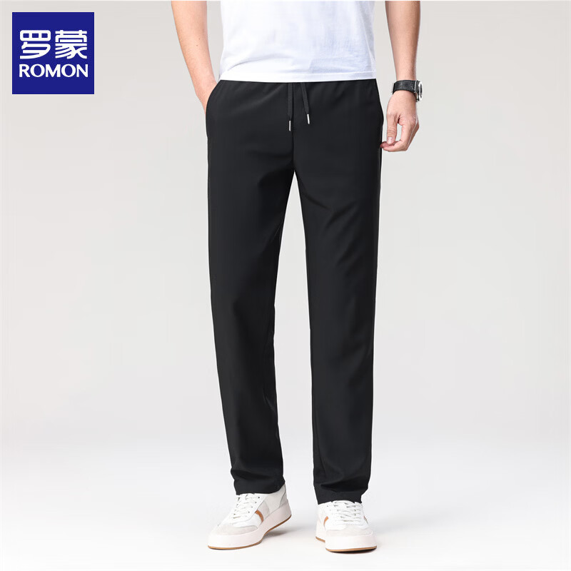 罗蒙（ROMON）冰丝休闲裤男2026夏季新款凉感松紧腰男士直筒长裤子弹力运动男裤 黑色 XL (建议体重130-150斤)