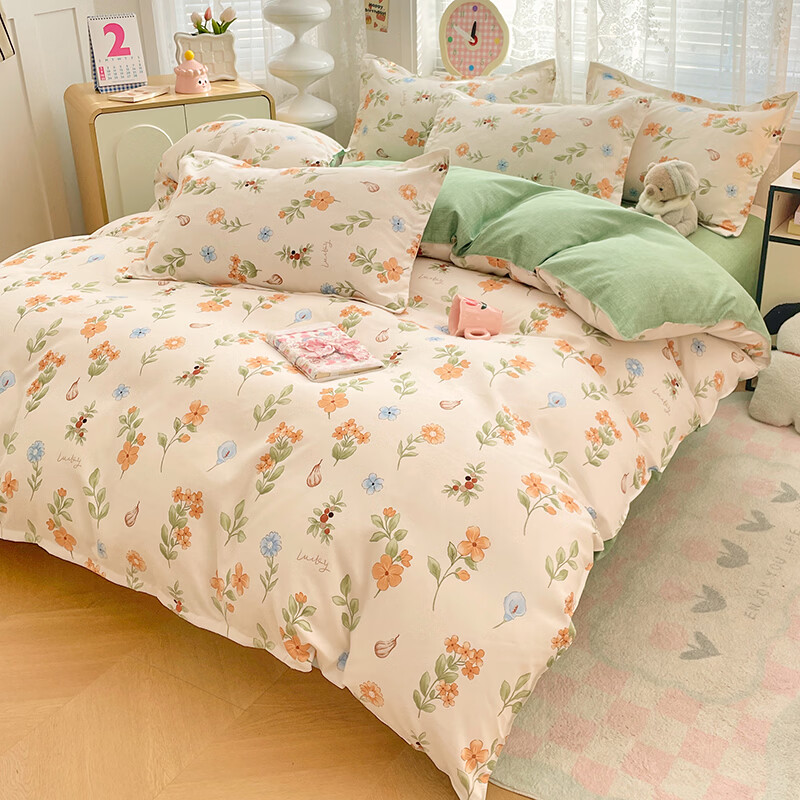 软贝小清新四件套 透气亲肤印花卡通简约田园风被套床单款套件 春田花花 2.0m 床单款 四件套（被套200*230cm）