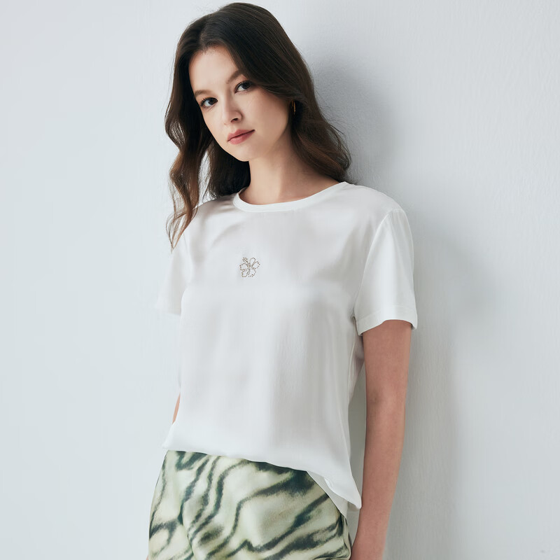 帕罗（PALUOPO）2026夏季新款简约休闲百搭烫钻AB版真丝短袖T恤女白色打底小衫 白色 M 160/84A