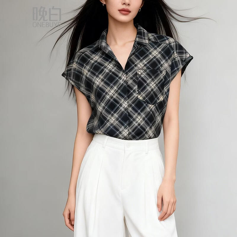 晚白【新品】2026年春款时尚复古格纹上衣挺括利落干练通勤无袖衬衫女 格子 S