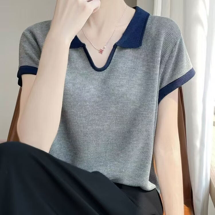 【轻奢时尚】2026夏季新款拼色翻领针织t恤女百搭薄款小飞袖上衣 灰色 2XL 135-150斤
