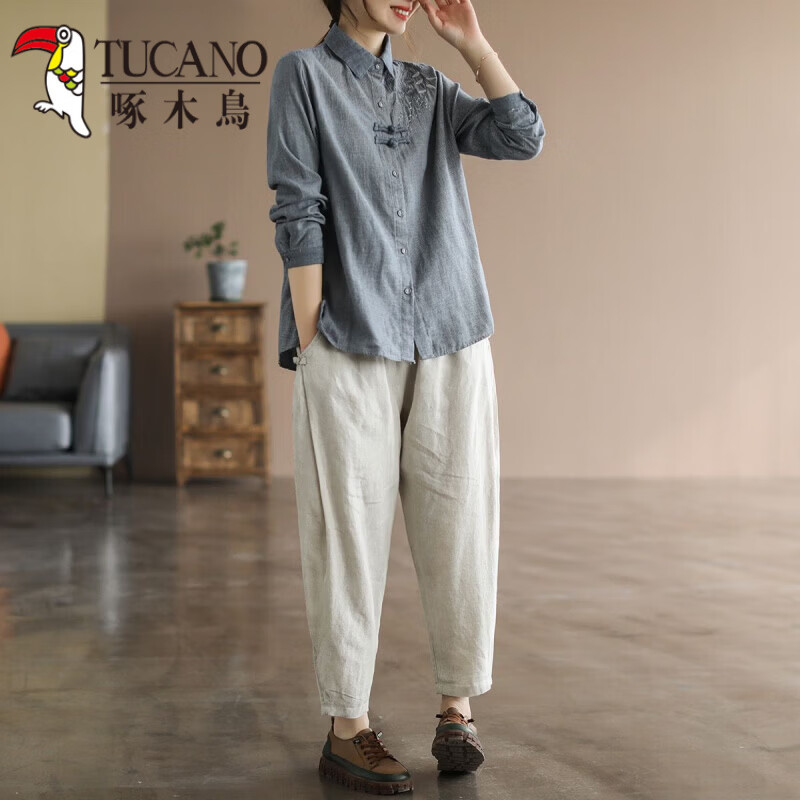 啄木鸟（TUCANO）文艺复古千鸟格棉麻衬衫女2026春季款民族风刺绣中国风盘扣上衣女 蓝色 2XL 建议130-145斤