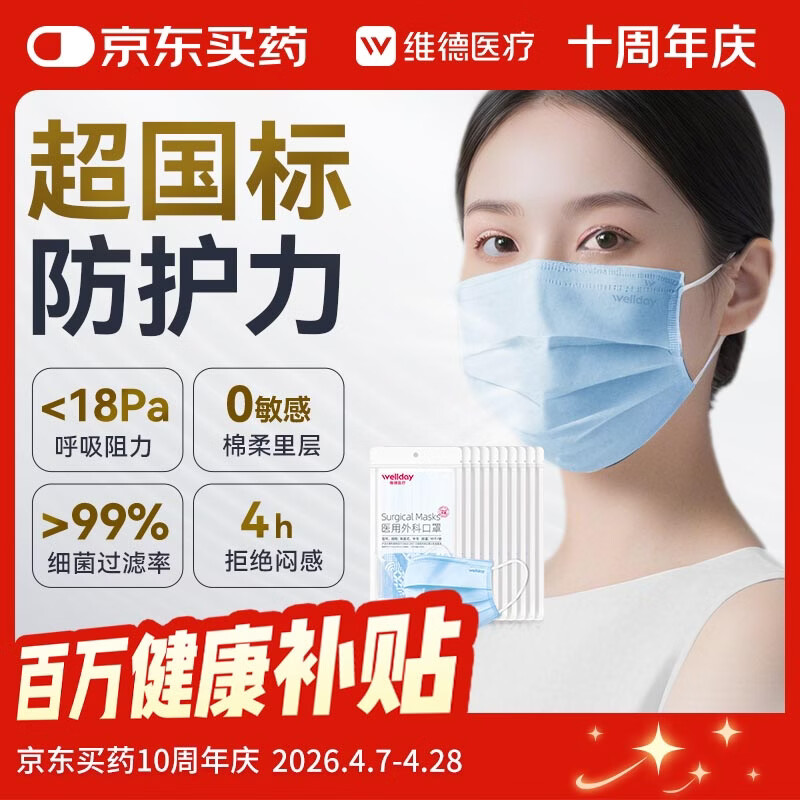 维德（WELLDAY）一次性医用外科口罩灭菌级蓝色100只A1型（无菌）防花粉过敏鼻