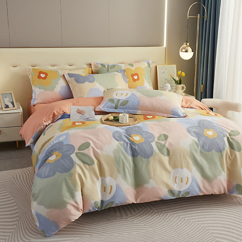 唐纳家纺简约亲肤棉四件套 柔软透气裸睡家用宿舍双人床品可机洗 亲肤棉四件套-春暖花开 床单款 (被套200*230cm)