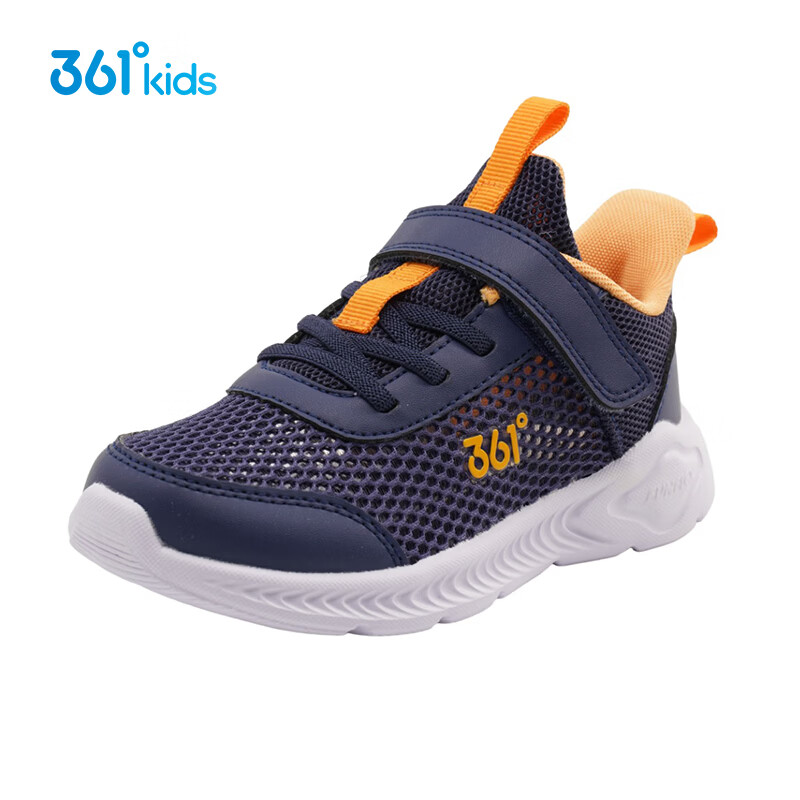 361°儿童运动鞋四季小童轻便男童鞋网面透气女童魔术贴软底跑步鞋 【大网】墨蓝/芒果金黄色 28