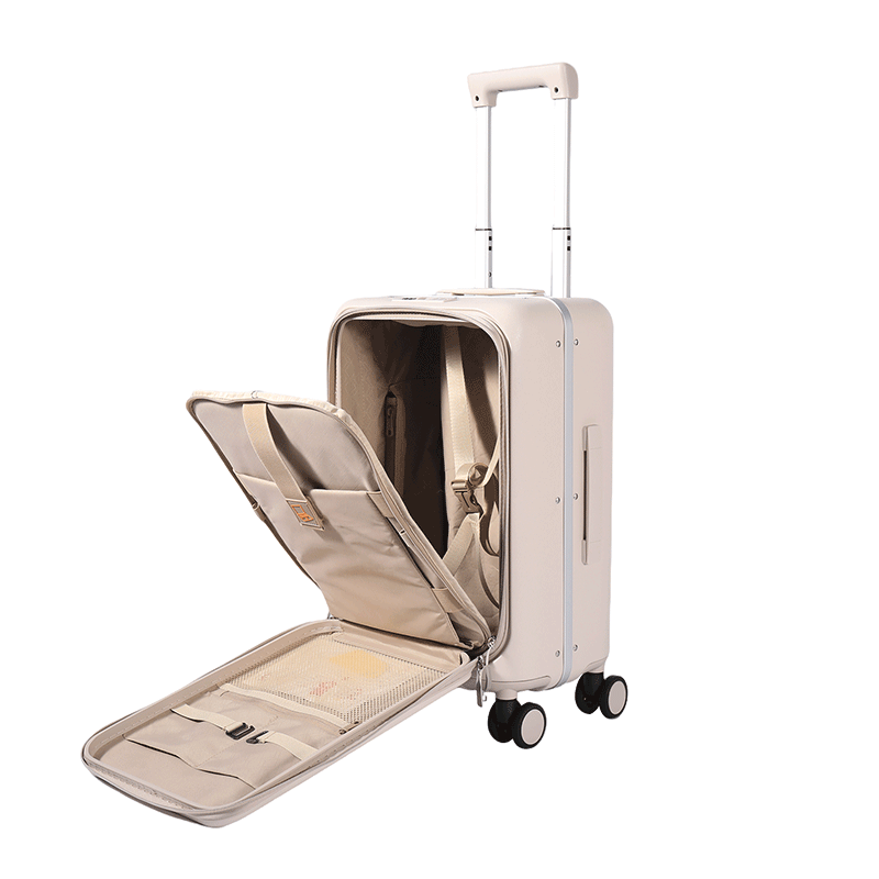 Tymon泰梦前开盖行李箱多功能轻便铝框拉杆箱快捷电脑前仓商务登机箱 奶咖色(电脑快捷前仓|隐藏式主仓) 20英寸 (登机箱+一体式周身封闭铝框)