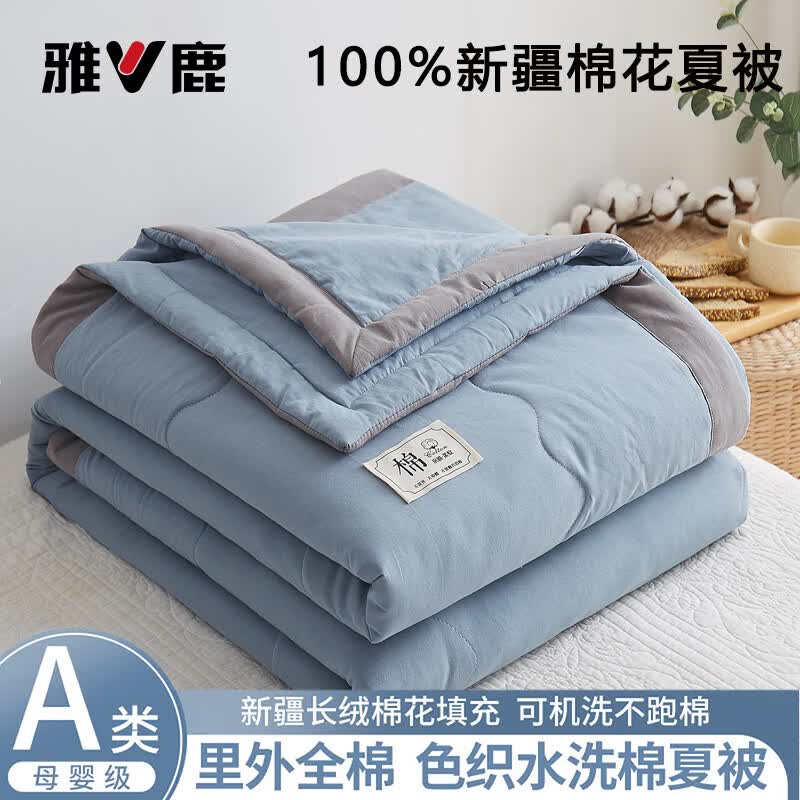 雅鹿夏季空调被夏凉被全棉纯棉100%双面可机洗裸睡抗菌宿舍单人薄被芯 AB同色-蓝灰【A类面料 100%里外全棉】 110*150cm【儿童夏被】