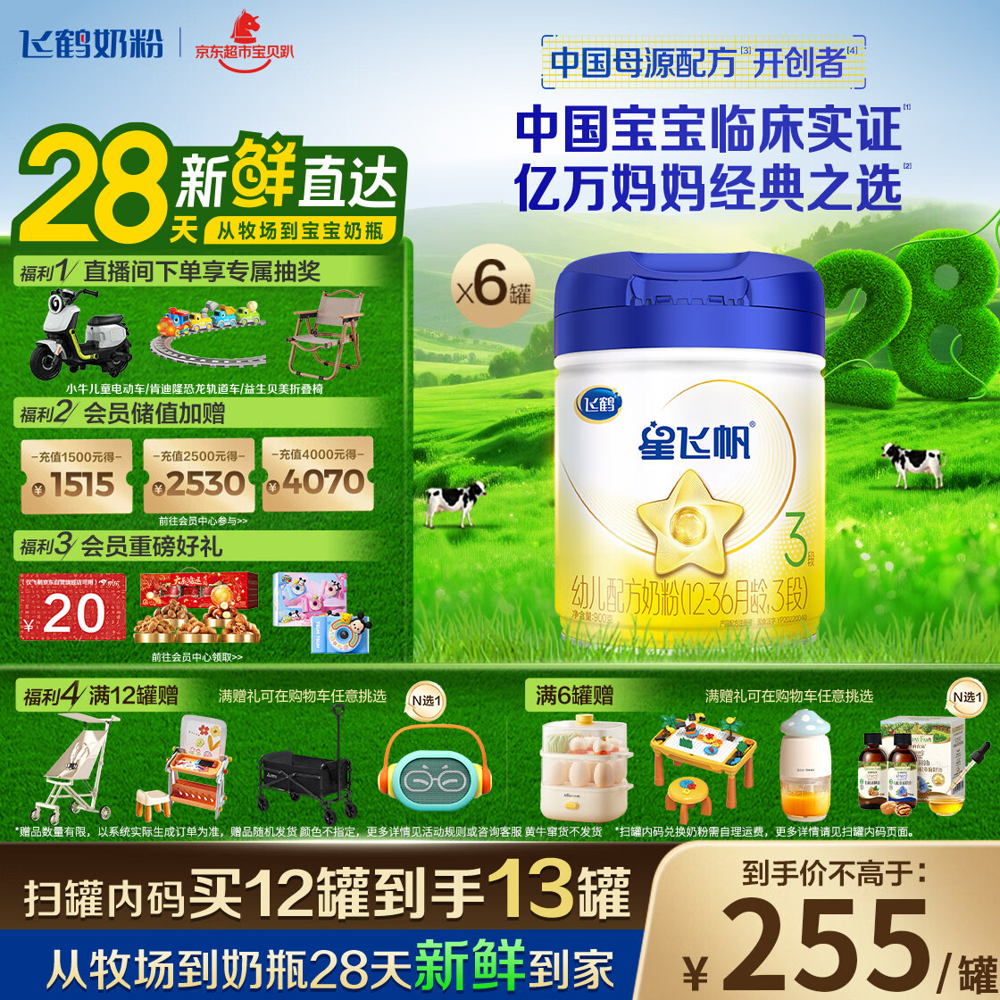 飞鹤星飞帆 幼儿配方奶粉3段(1-3岁)900g*6罐【28天新鲜直达】专利OPO