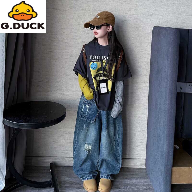 G.duck女童棉长袖假两件t恤套装26新款中大童洋气时髦牛仔阔腿裤两件套 浅杏色棉假两件T恤+蓝色破洞牛仔裤【套装】 120
