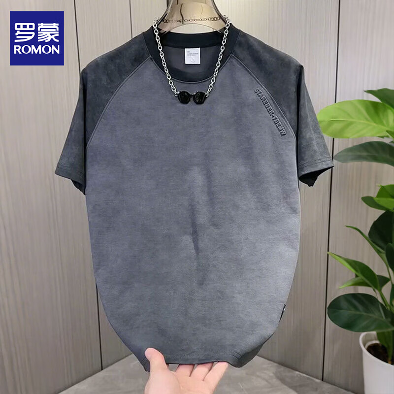 罗蒙2026夏季新款设计感短袖男轻奢扎染潮流上衣百搭圆领半袖T恤男装 146青灰 2XL 约145-155斤
