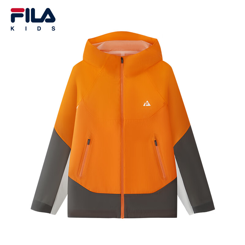 FILA 斐乐童装梭织外套2026夏季新款儿童连帽户外运动上衣 塞洛西橙-OR 150
