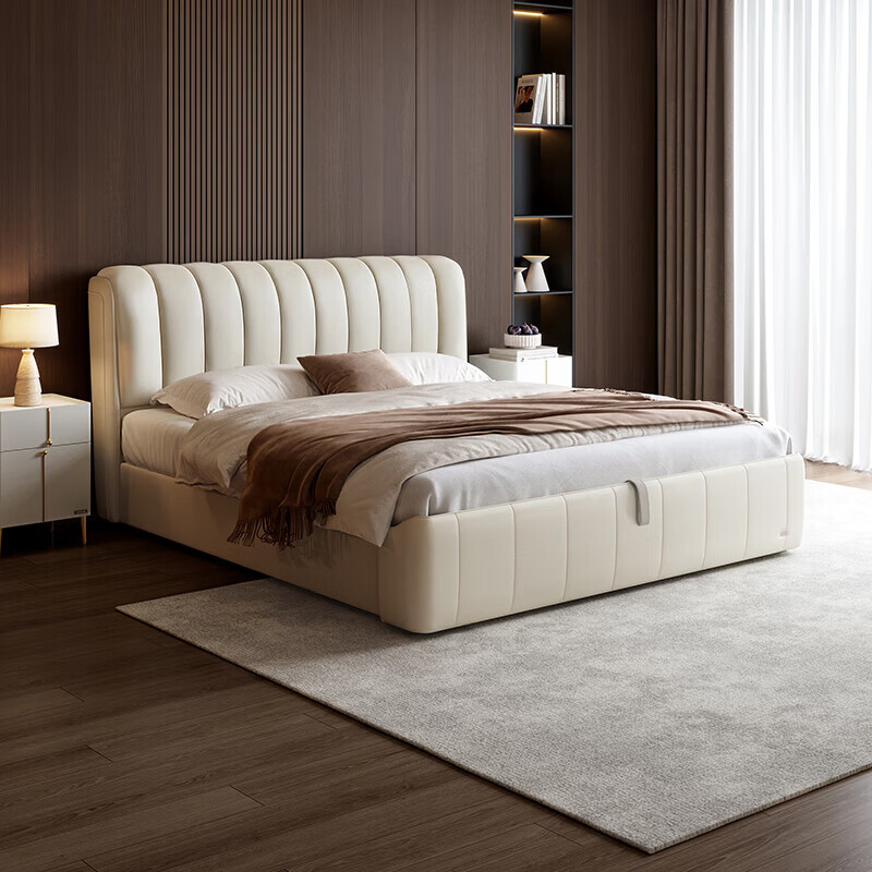 全友（QUANU）家居真皮软包床现代简约风头层牛皮高箱储物主卧室双人大床含床垫 奶油白|储物床 1.8*2m