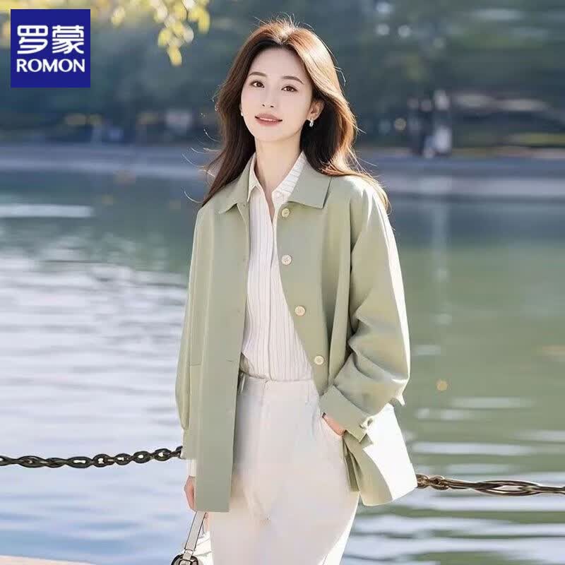 罗蒙（ROMON）外套女春秋款2026年新款高级感洋气百搭减龄韩系浅绿色夹克女 绿色 XL 建议115-130斤
