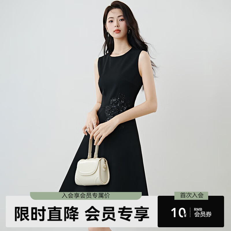 晚白2026春款气质赫本风小个子礼服裙重工绣花钉珠收腰遮肉无袖连衣裙 黑色 M