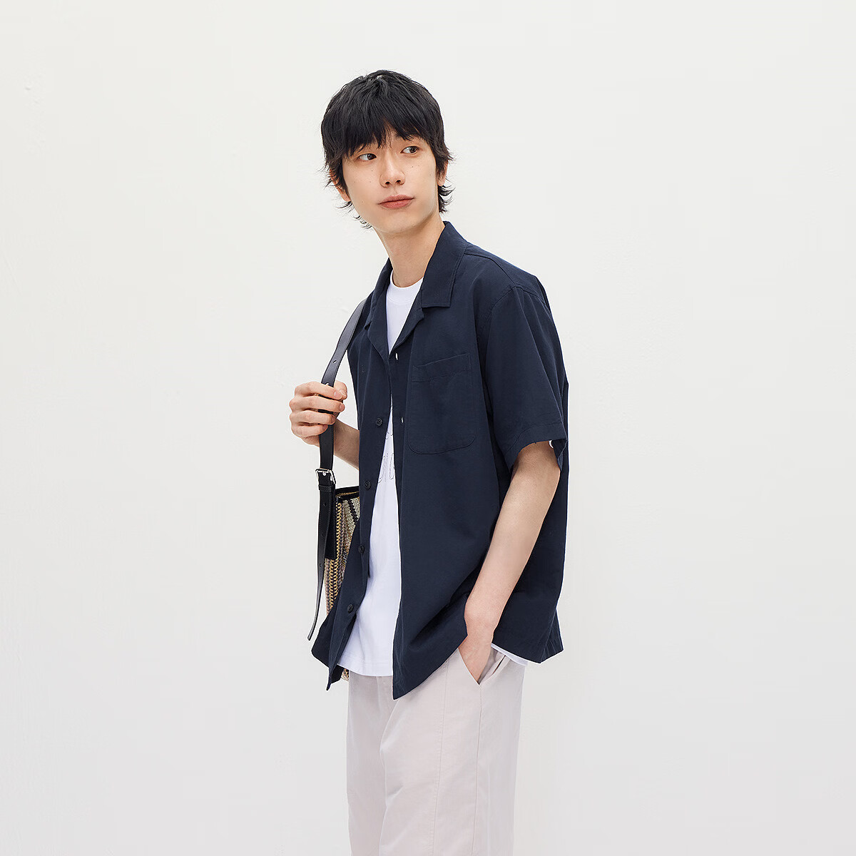 森马（Semir）短袖衬衫男夏宽松小古巴领上衣2026新款斜纹肌理衬衣实用美观 暮蓝81042 L