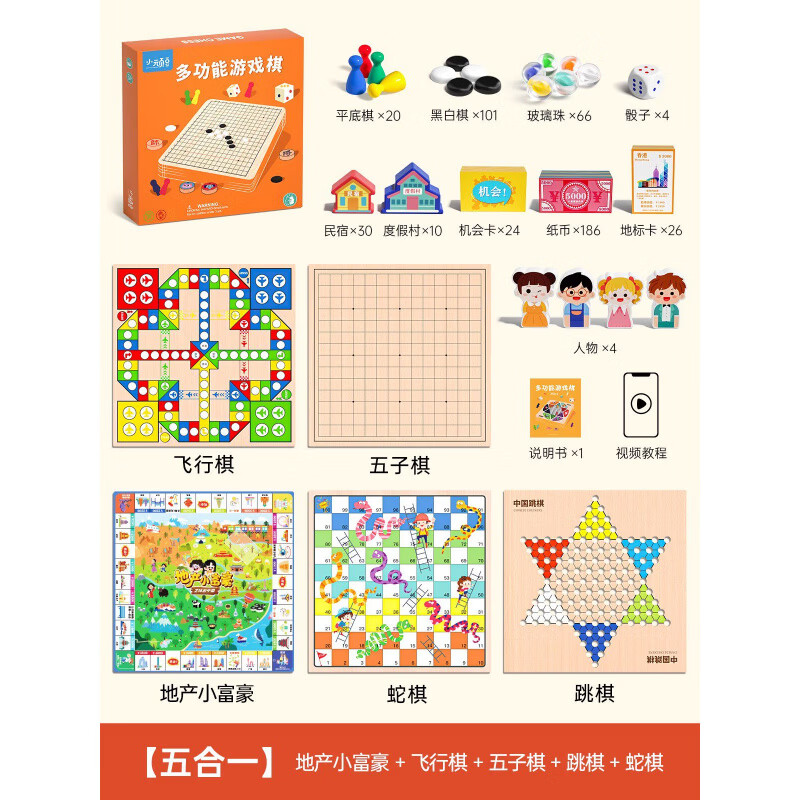 小顽豆儿童经典版大号富翁飞行棋桌面游戏棋盘地产小富豪多合一多功能棋 【五合一】地产小富豪+飞行棋+五子棋+跳棋+蛇棋