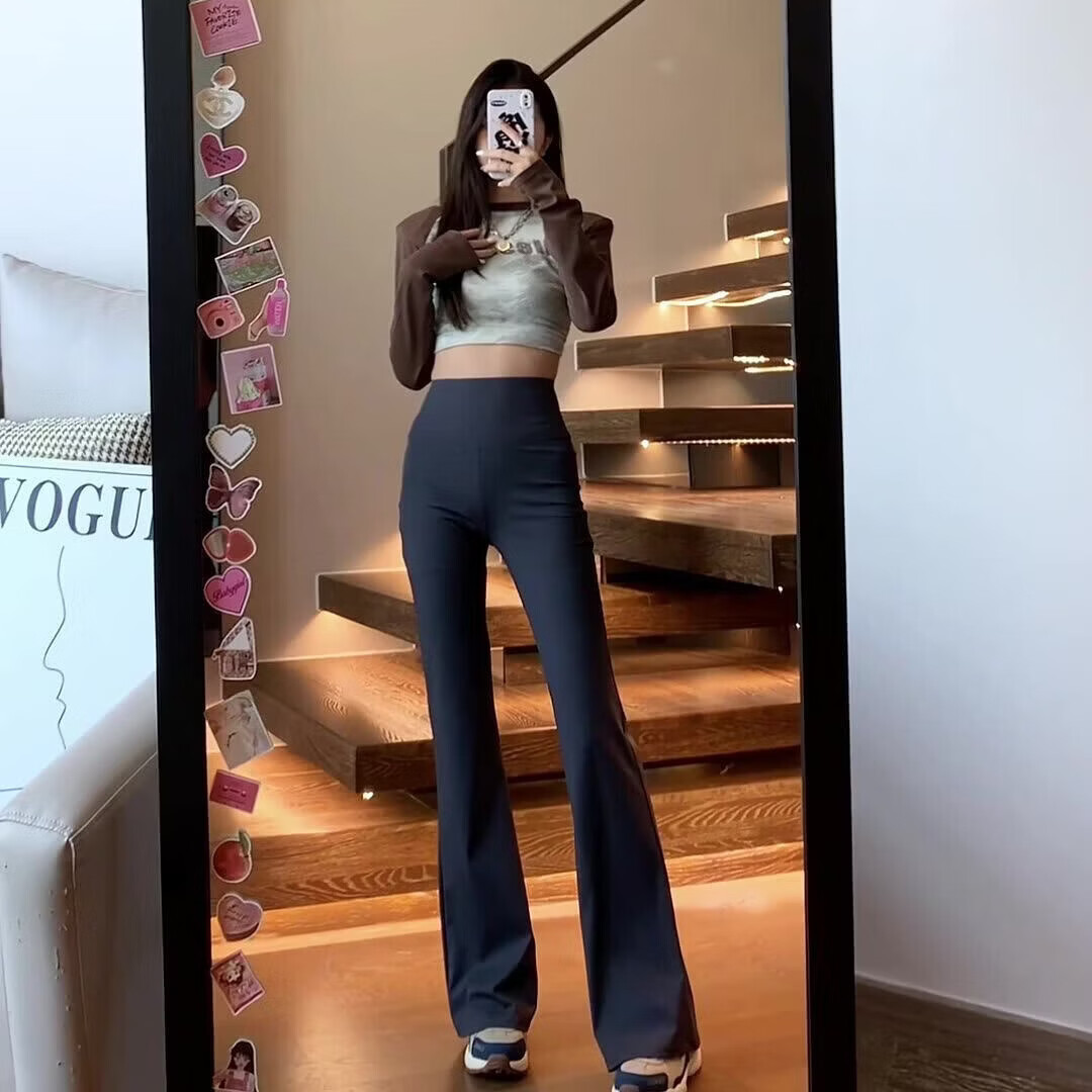 有只绵【精选】微喇打底裤可外穿紧身裤瑜伽健身显瘦美腿弹力打底裤袜 黑色 微喇鲨鱼裤 四季薄款 1条 L (适合105-130斤)