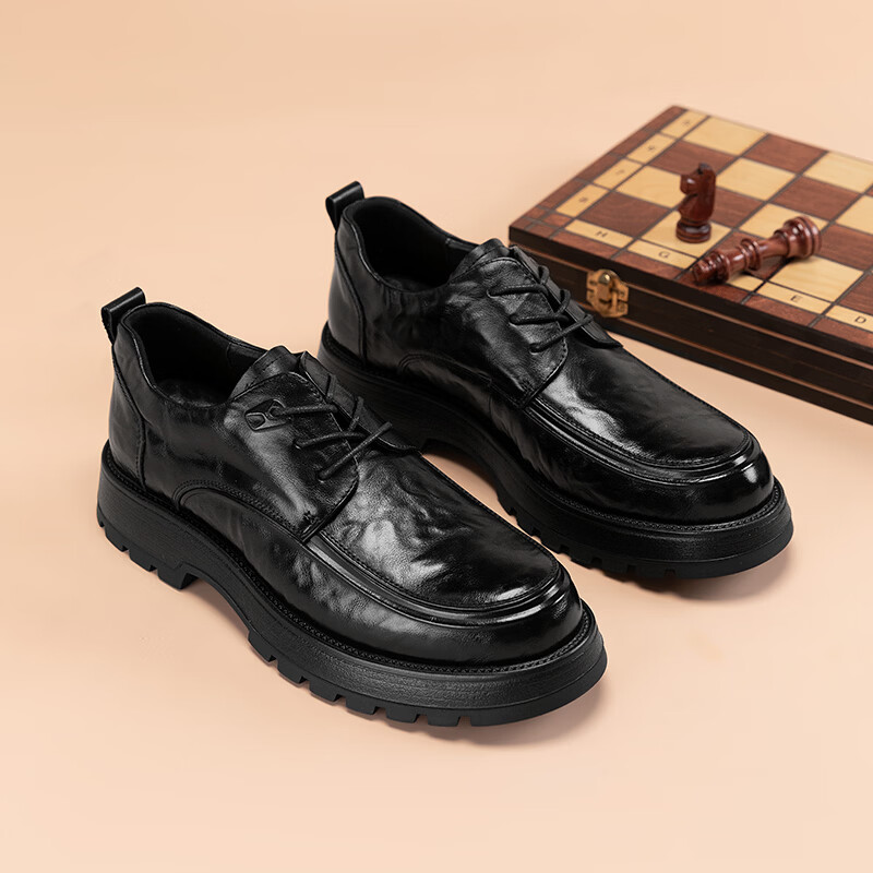 Walker Shop高端皮鞋男款2026新款厚底增高商务休闲男鞋头层牛皮皮鞋男夏季薄 黑色内增高【品牌男鞋 礼盒包装】 40