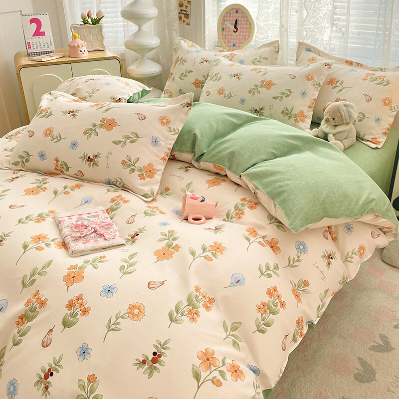 软贝小清新四件套 透气亲肤印花卡通简约田园风被套床单款套件 春田花花 2.0m 床单款 四件套（被套200*230cm）