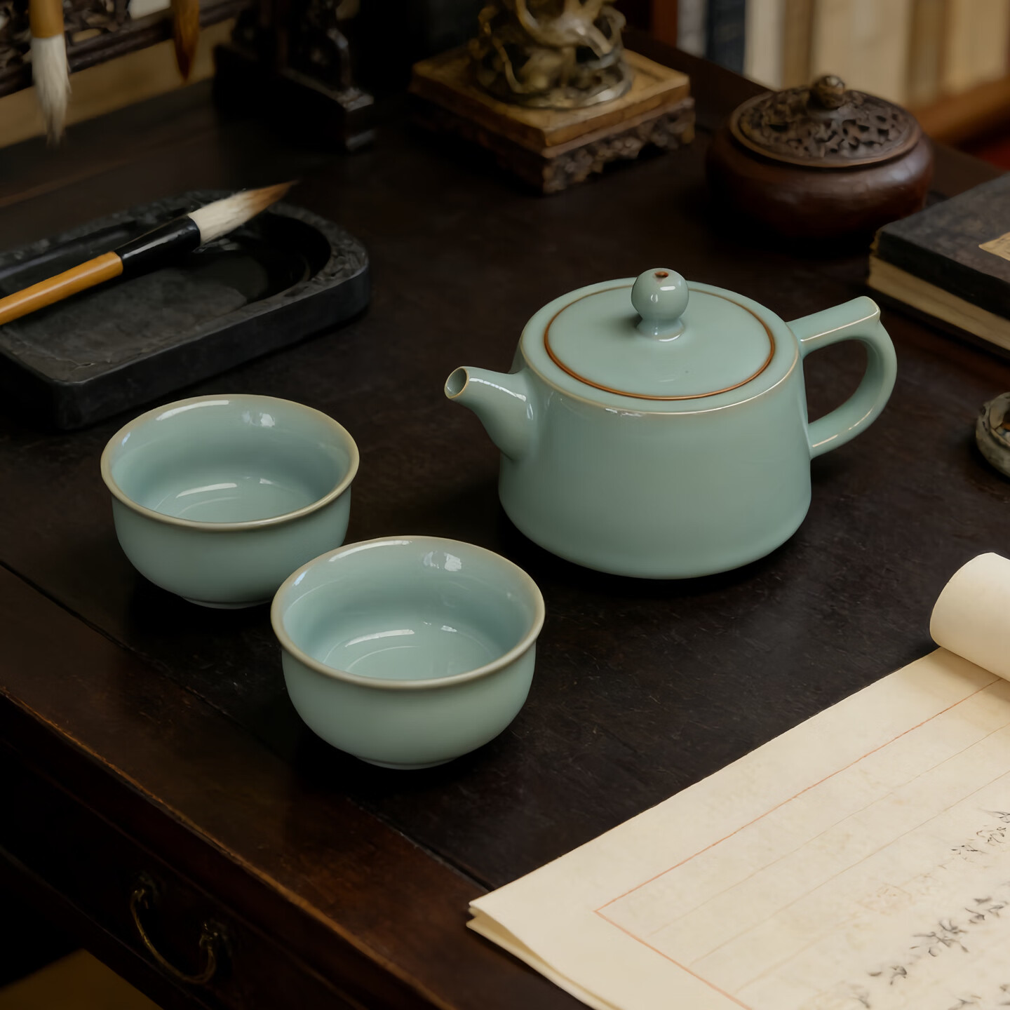汝誉天下汝窑茶具茶壶西施壶井栏壶汝州汝瓷天青色冰裂纹功夫茶具礼盒套装 井栏壶 220ml