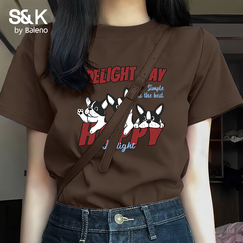 班尼路（Baleno）S&amp;K100%纯棉短袖T恤女2026年夏季女装新款时尚休闲简约复古上衣 咖啡#红字小狗 L
