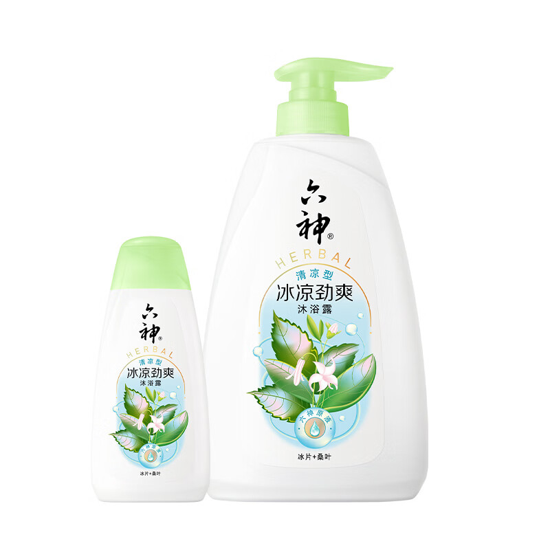 六神沐浴露【冰片+桑叶】冰凉劲爽薄荷凉感清爽留香洗澡男女家庭装 冰凉劲爽650g+180g