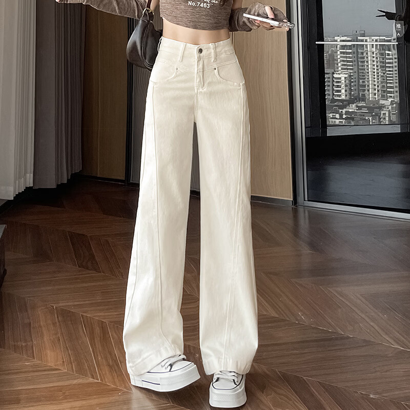 春季26新款奶白色微喇高腰阔腿裤子女装牛仔裤加绒弹力新款裤子JL 白色长裤 XL 120-130