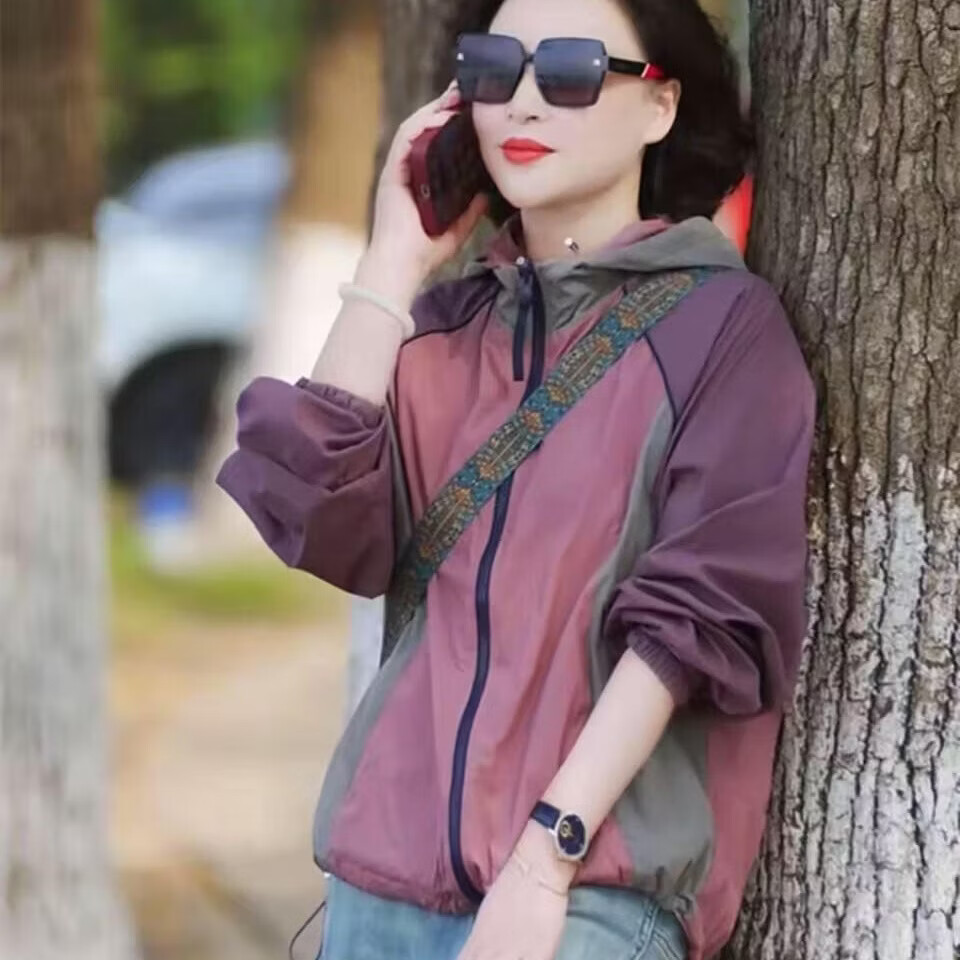 欧货时尚新款拼色两面穿连帽外套春夏薄款宽松显瘦长袖防晒衣开衫 【双面穿】丁香紫拼紫色 XL 建议145-170斤