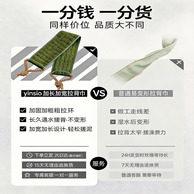 YINSIO搓澡巾男女士搓背巾搓澡神器强力搓泥长条后背不求人洗澡擦背 【3代加长加宽升级款 搓背更省力】草绿色