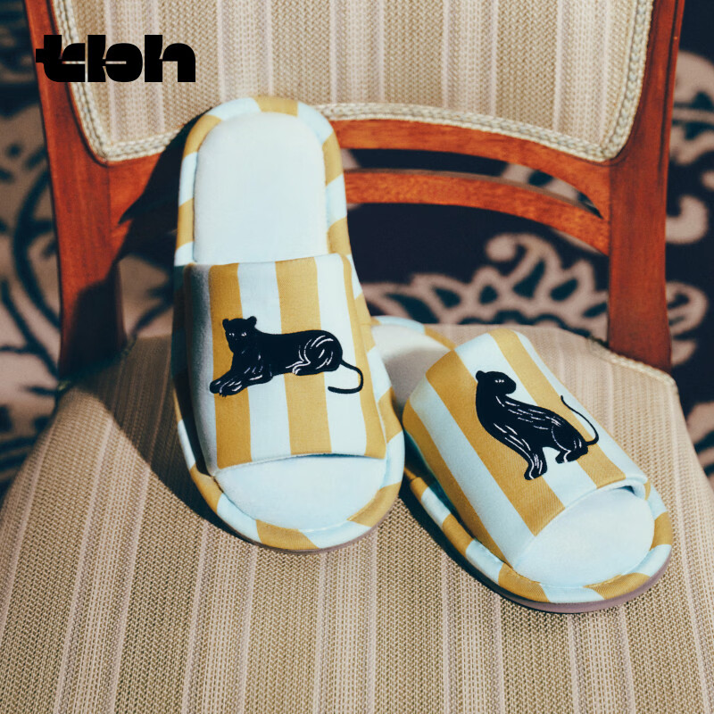 野兽派家居（tbh）都市野兽黑豹提花开口拖可外穿室内家居鞋夏季拖鞋 黑豹开口拖鞋 蓝绿条纹 36-37