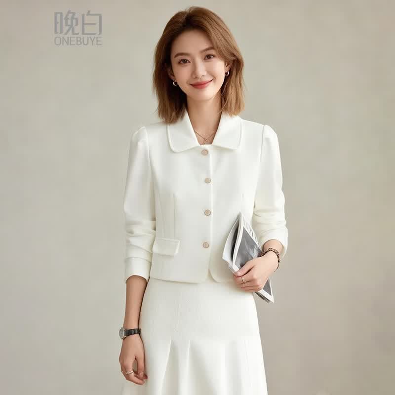 晚白2026春款复古翻领高级感小香风上衣正式场合千金风小个子短款外套 米白色 XL