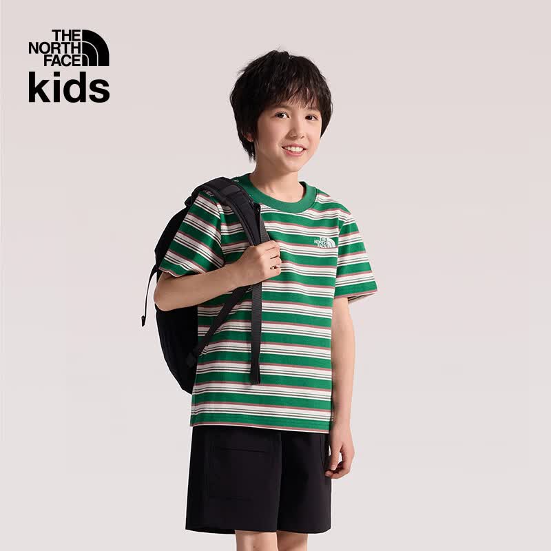 北面（The North Face）儿童短袖T恤纯棉短袖男女童复古条纹户外透气新款衣服|8G81 MK9/未央绿条纹 150 (L) （150/72）