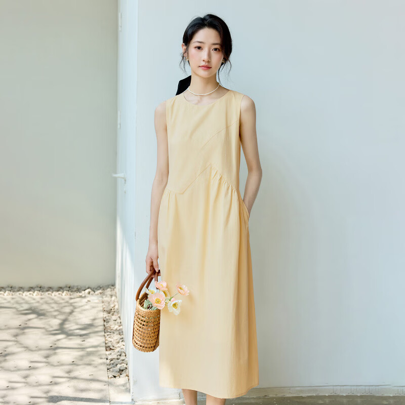 茵曼（INMAN）欧若风无袖背心连衣裙2025夏季法式度假宽松松弛感纯棉小黑裙 鹅黄色 S