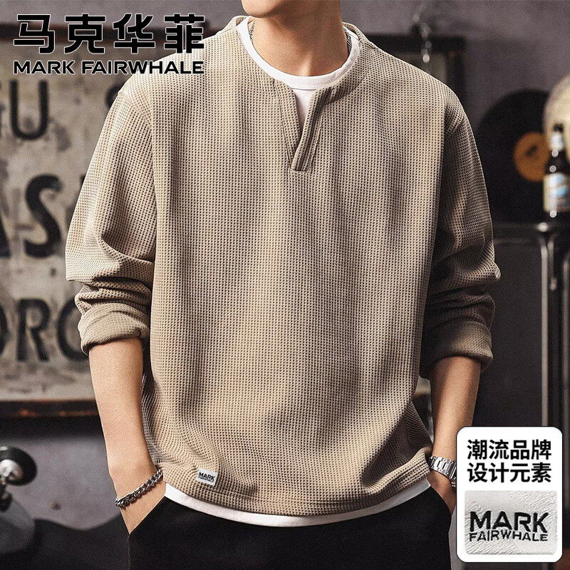 马克华菲美式复古双层领卫衣男士春秋新款撞色休闲潮流长袖痞帅假两件t恤