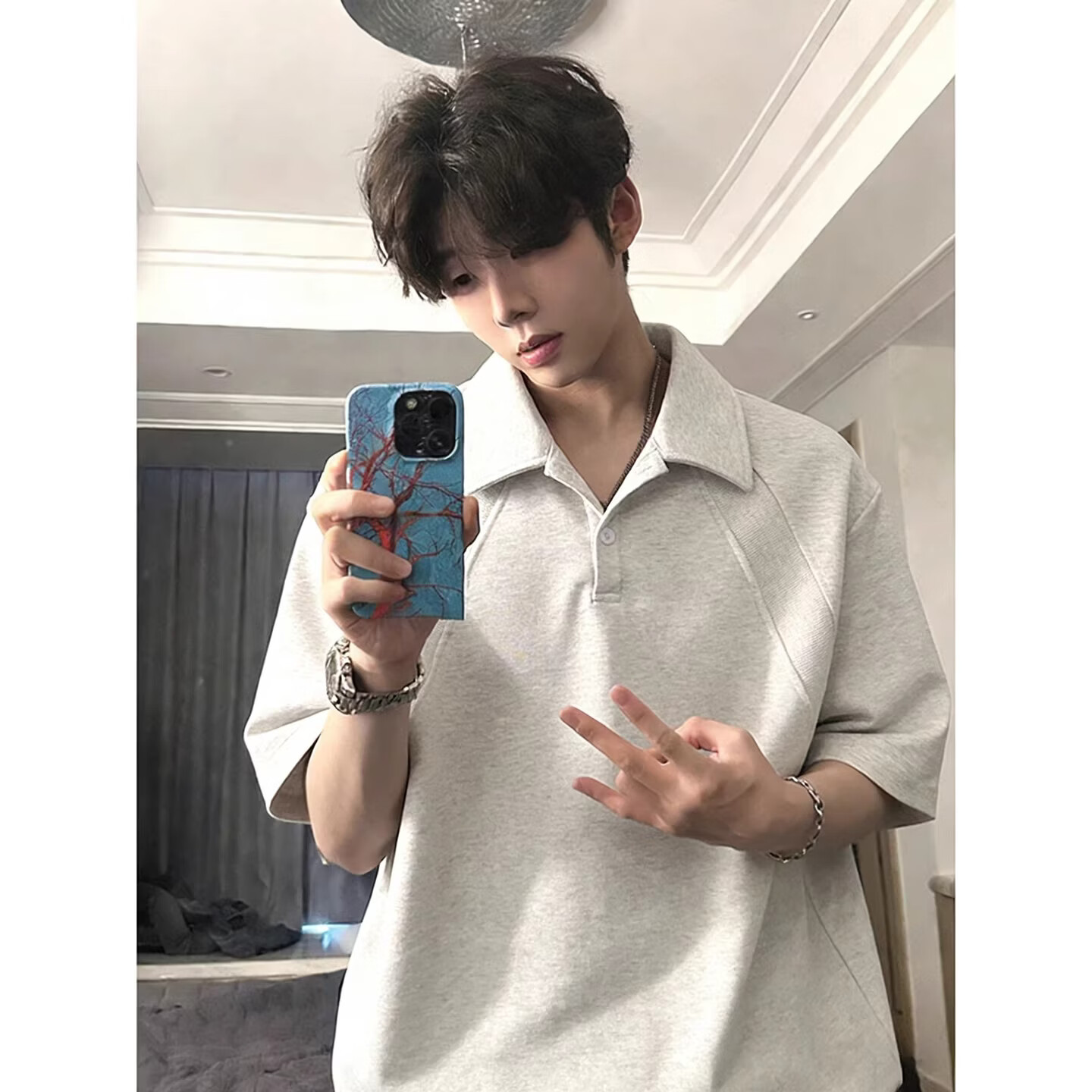 POUM白花灰美式翻领短袖Polo衫男款夏季boxy版型t恤感内搭半截袖 CLF-T212白灰色 XL POUM白花灰美式翻领短袖Polo衫男款夏季boxy版型t恤感内搭半截袖 CLF-T212白灰色 XL