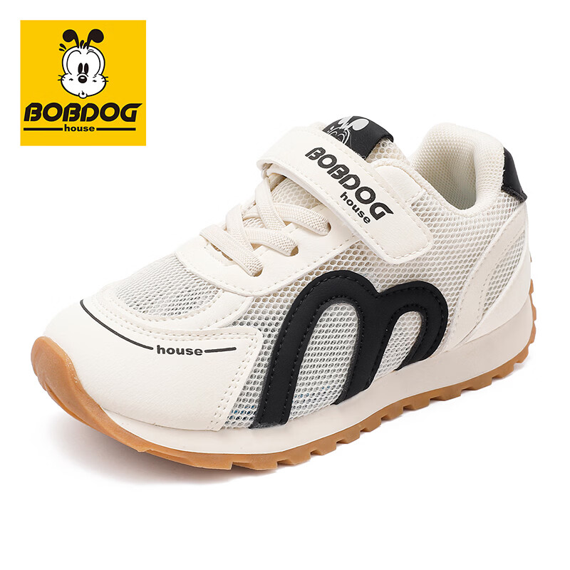 巴布豆（BOBDOG）童鞋夏季2026男童网面百搭儿童运动鞋女孩透气跑步鞋百搭休闲鞋子 米/黑 30 适合脚长19.0cm