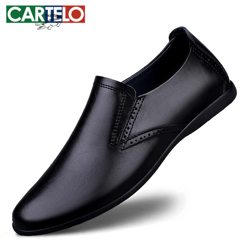 卡帝乐鳄鱼（CARTELO）皮鞋男夏季真皮软底透气尖头男士休闲鞋英伦套脚布洛克驾车男鞋潮 黑色 37 标准皮鞋码