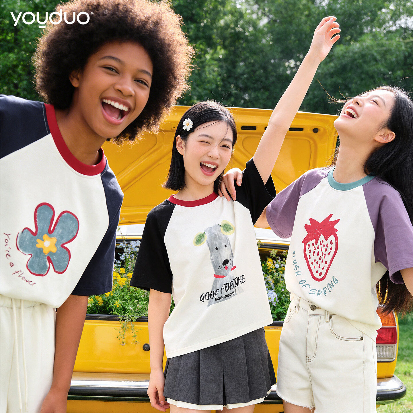 柚朵（youduo）女童短袖T恤26夏季新款儿童风撞色插肩袖T恤青少年趣味上衣亲子装 黑色 夏季薄款 140 cm 建议身高135-145