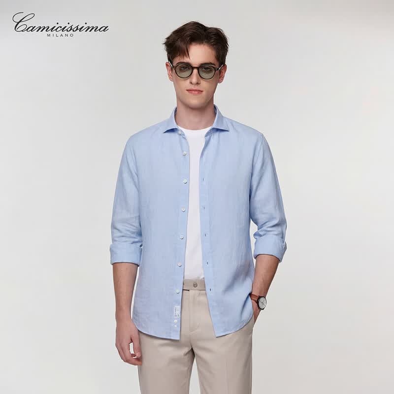 恺米切(CAMICISSIMA)商务休闲春夏透气亚麻长袖衬衫 蓝色长袖衬衫男 蓝色 43