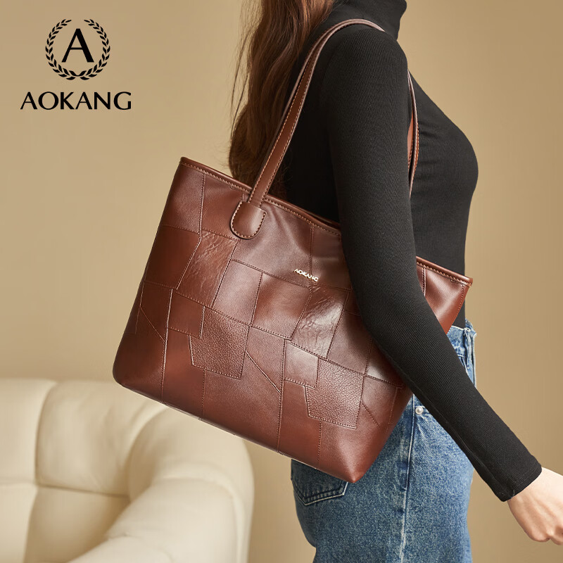 奥康（Aokang）包包女包手提包新款复古托特包印花斜挎单肩包生日礼物高级感实用 艺术拼贴咖啡色-BG703175