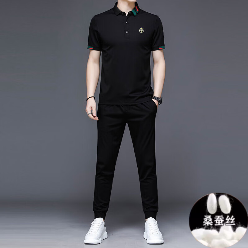 B PRORSUM巴宝莉桑蚕丝英伦风欧洲夏季轻奢男运动套装商务翻领短袖刺绣上衣 国际一线品牌十大奢侈品男装19黑色(短袖+长裤) M 165_