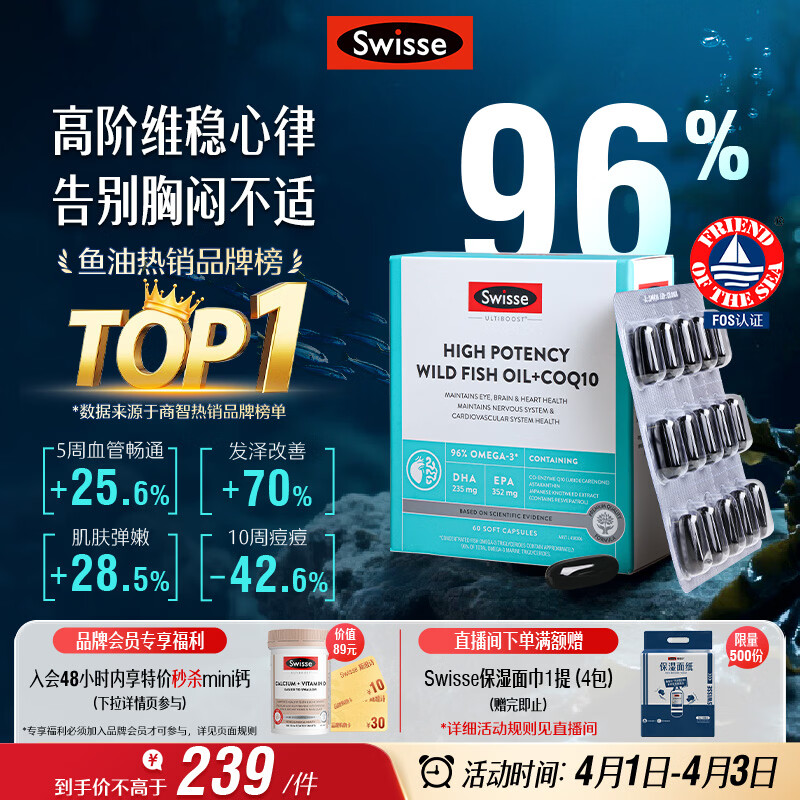 Swisse斯维诗 96%高纯度深海鱼油辅酶Q10软胶囊 黑绷带鱼油60粒熬夜常备